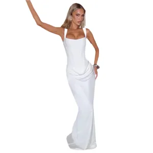 Elegant white square neck sleeveless corset maxi dress with pleated details and fishtail hem