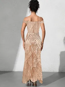 Detail of champagne gold sequined evening gown featuring geometric V-patterns and back view