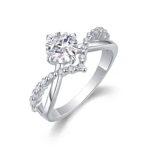 Σετ δαχτυλιδιών Moissanite με ασήμι 925 ζώνη V και στρογγυλή κεντρική πέτρα κοπής