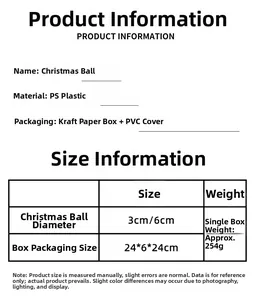 Size guide for Christmas ornaments box showing 3cm and 6cm ball diameter specifications