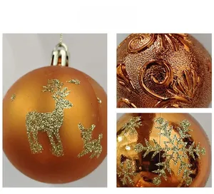 Detail of bronze Christmas balls featuring glitter reindeer and embossed snowflake patterns