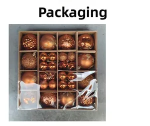 Detailed packaging view of bronze Christmas ornament set in 16-grid kraft paper gift box