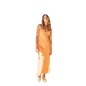 Sexy V-neck orange floral satin maxi dress with spaghetti straps and purple star print