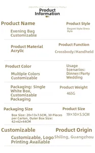 Detailed size chart of acrylic shell clutch bag showing 19x10x5.5cm dimensions and weight