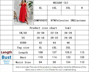 Tableau des tailles détaillé pour robe licou femme avec mesures UK US EU et tissu