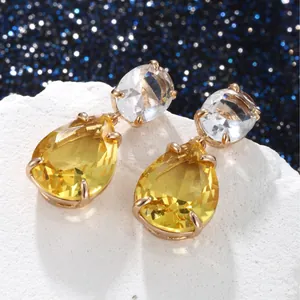 Elegant rose gold earrings with pear-cut yellow gemstones and oval crystal accents