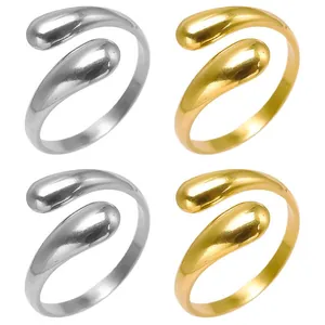 Minimalist Waterdrop Adjustable Open Ring 304 Stainless Steel 18K Gold Plated Geometric Bypass Design Jewelry For Women