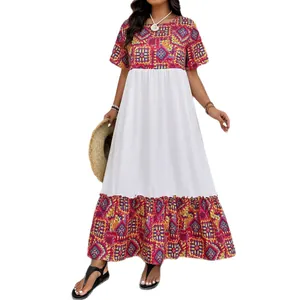 Bohemian patchwork maxi dress with red mandala print and short sleeves in summer style