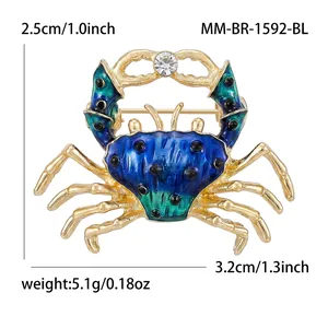 Creative blue enamel crab brooch pin with crystal detail, 3.2cm wide fashion accessory