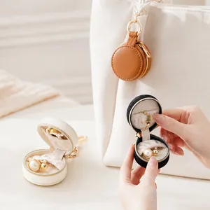 Portable Mini Round Jewelry Box PU Leather Storage Case With Metal Hook For Earrings Rings Travel Bag Pendant Organizer