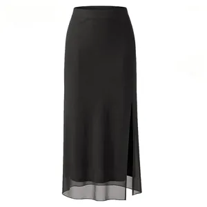 Détail de la jupe longue noire en tulle avec fente latérale et taille haute élastique