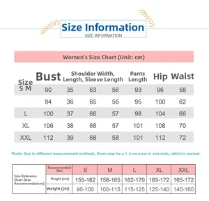 Detailed women's pajamas size chart in cm for heights 155-172cm and weights 45-80kg