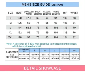 Detailed men's size chart for cotton pajama set with height and weight recommendations.
