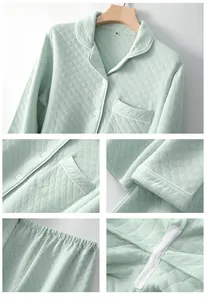 Detail of light green quilted cotton pajamas with diamond patterns and white piping