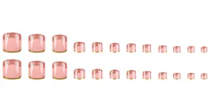 Macro view of 24pcs light pink press-on toenails with rose gold glitter french tips