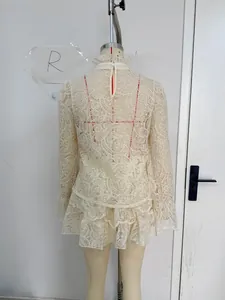 Detail of high neck lace top with ruffle stand collar and intricate hollow embroidery
