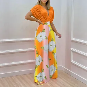 Ensemble Haut Col en V Manches Chauve-Souris et Pantalon Large Taille Haute Imprimé Floral pour Femmes