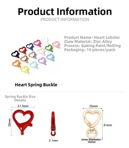 Detailed size chart for heart shaped zinc alloy lobster clasps in various colors