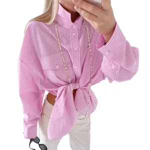 Women's pink striped button-down shirt with long sleeves and front waist knot detail
