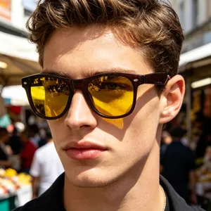 Close-up of polarized night vision sunglasses with vintage tortoise frame and yellow lens
