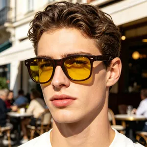 Close-up of polarized night vision driving sunglasses with amber lenses and tortoise frame