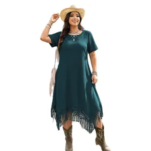 Bohemian dark teal short sleeve dress with fringe hem and irregular cut for plus size women