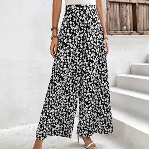 Pantalon large à taille haute pour femme avec imprimé floral noir et blanc coupe décontractée