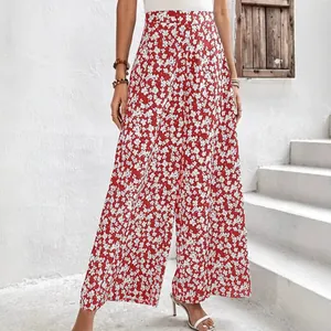 Pantalon large à taille haute pour femme avec imprimé floral rouge et blanc d'été