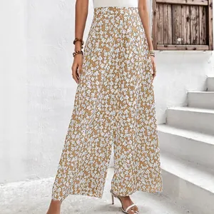 Pantalon large à fleurs pour femme taille haute en jaune gingembre et blanc