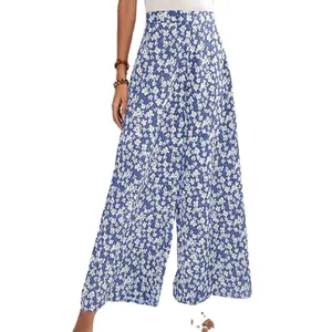 Pantalon large à taille haute pour femme avec imprimé floral bleu pour l'été
