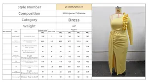 Detailed size chart and material guide for one shoulder yellow evening dress