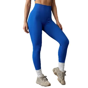Pantalon de yoga côtelé taille haute bleu vif avec compression sans couture et modelage