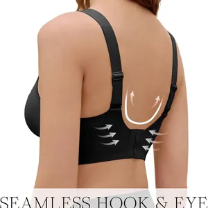 Women's seamless black full coverage V neck bra with wide straps and hook-eye back