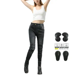 Women Motorcycle Riding Jeans With Protective Gear Removable Knee Pads High Stretch Cotton Denim Racing Pants Retro Moto Trousers