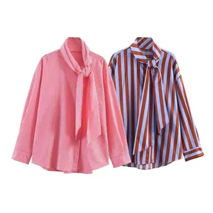 Women's summer striped shirts with bow tie collar in pink and blue color options