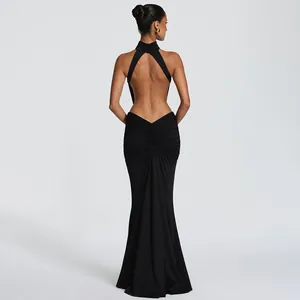 Elegant black backless halter evening dress with ruched fisheye mermaid silhouette