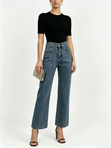 Women's heart leopard print low-waist wide leg denim jeans in blue wash finish