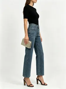 Women's dark blue straight leg denim jeans with heart leopard print pockets and wide fit