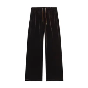 Relaxed fit dark brown velvet wide-leg lounge pants with adjustable drawstring waist