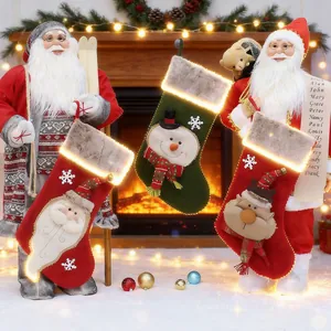 Christmas Stocking Large Faux Fur Cuff 3D Santa Snowman Reindeer Applique Candy Gift Bag Holiday Fireplace Hanging Decor