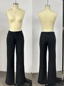 Front and back detail of high-waist black straight jeans on a mannequin, showing pocket structure