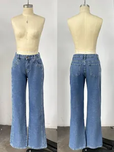 Detailed front and back view of blue washed straight leg denim jeans for women