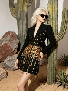 Damen Luxus Langarm V-Ausschnitt Anzugkleid Gold Strass Quasten Schwere Arbeit Pailletten Party Clubwear Slim Fit Minikleid