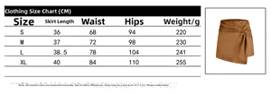 Detailed size chart for faux suede skort including length, waist, and hip measurements