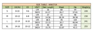 Size chart for women's suede skort showing S to XL waist and hip measurements