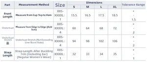 Detailed sizing chart for women's French style bralette from S to XL in centimeters