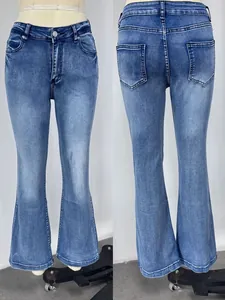 Front and back view of blue flared jeans with high waist and washed denim texture
