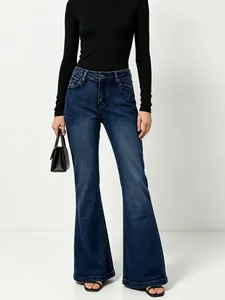 Women's dark blue high waisted flare jeans with slim fit and vintage washed denim style