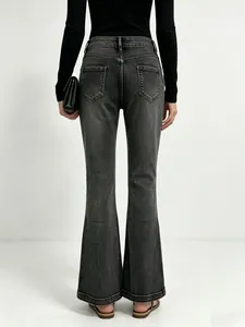 Rear view of dark grey flare jeans with high waist design and symmetric back pockets