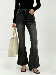Women high waisted dark grey flare jeans with vintage wash and slim fit silhouette